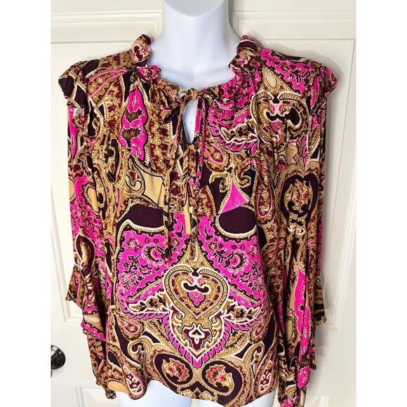 NWT a loves a  Medium Pink Paisley Tie-Neck Blouse Ruffle French Preppy Boho - Picture 4 of 11